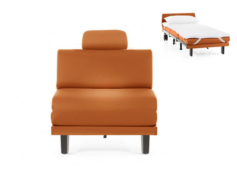 Fauteuil convertible lit Likoolis 1 Place ROLLER 70 cm SMALL sans accoudoirs cuir  orange