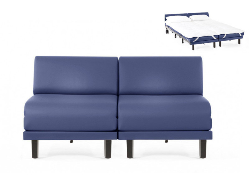 Canapé convertible lit Likoolis 2 Places ROLLER DUO 140 cm SMALL sans accoudoirs cuir artificiel - cuir veritable bleu
