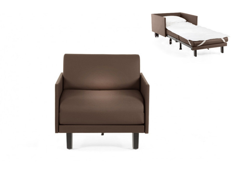  	Fauteuil convertible lit Likoolis 1 Place ROLLER 70 MEDIUM avec accoudoirs fins cuir artificiel marron 