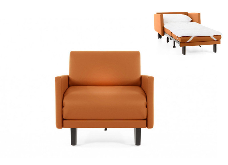 Fauteuil convertible lit Likoolis 1 Place ROLLER 70 LARGE avec accoudoirs larges cuir orange