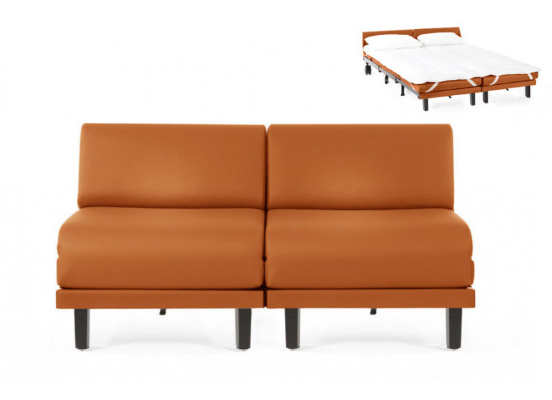 Canapé convertible lit Likoolis 2/3 Places ROLLER DUO 160 cm SMALL sans accoudoirs cuir artificiel - cuir veritable orange