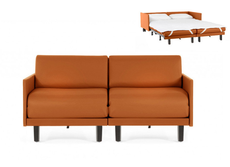 Canapé convertible lit Likoolis 2 Places ROLLER DUO 140 cm MEDIUM avec accoudoirs fins cuir veritable orange