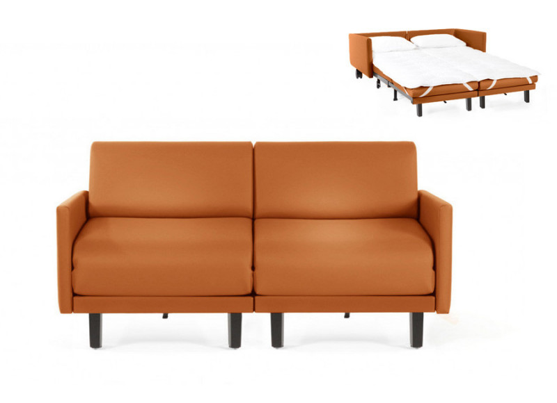  	Canapé convertible lit Likoolis 2/3 Places ROLLER DUO 160 cm LARGE avec accoudoirs larges cuir veritable orange