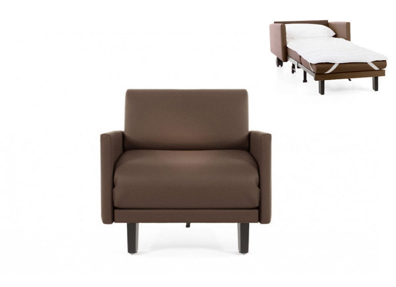 Fauteuil convertible lit Likoolis  1 Place ROLLER 80 LARGE avec accoudoirs larges cuir artificiel marron