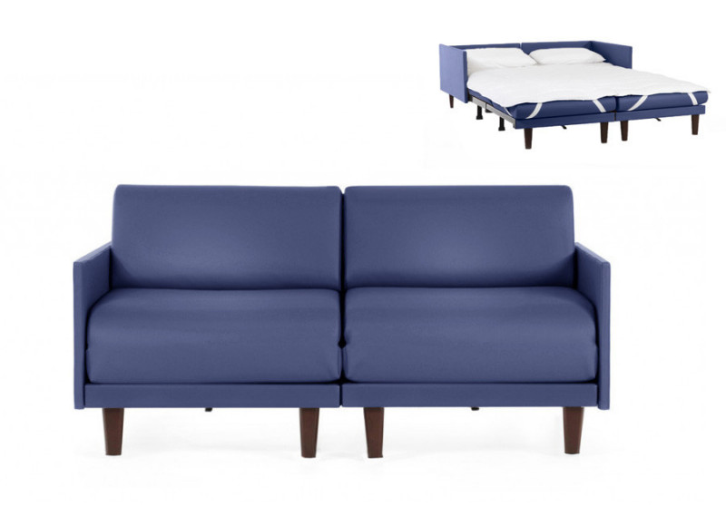  	Canapé convertible lit Likoolis 2 places PACHA DUO 140 cm MEDIUM avec accoudoirs fins cuir bleu