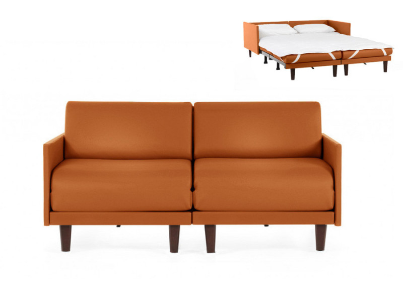  	Canapé convertible lit Likoolis 2 places PACHA DUO 140 cm MEDIUM avec accoudoirs fins cuir orange
