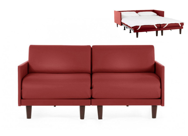  	Canapé convertible lit Likoolis 2 places PACHA DUO 140 cm MEDIUM avec accoudoirs fins cuir artificiel rouge