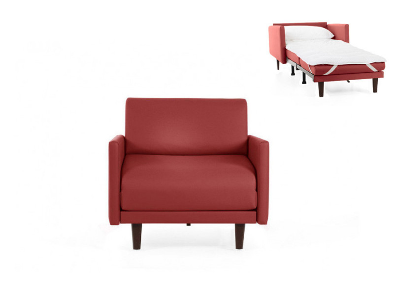  	Fauteuil convertible lit 1 Place PACHA 80 cm LARGE avec accoudoirs larges cuir artificiel rouge
