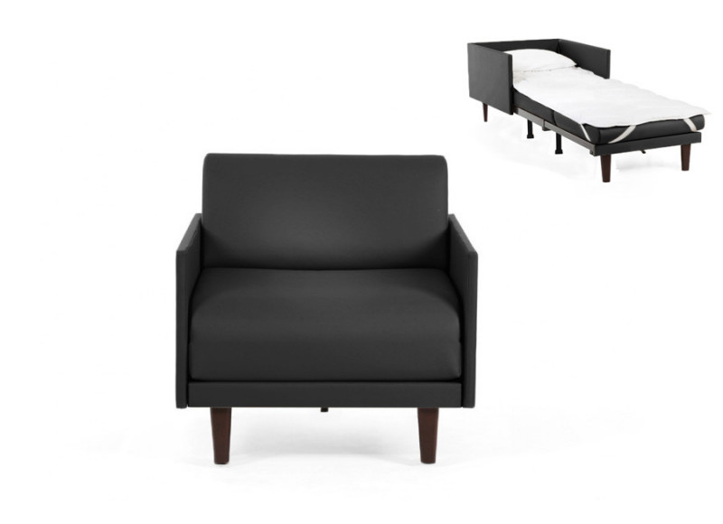 Fauteuil convertible lit 1 Place PACHA 70 cm MEDIUM avec accoudoirs fins cuir artificiel noir