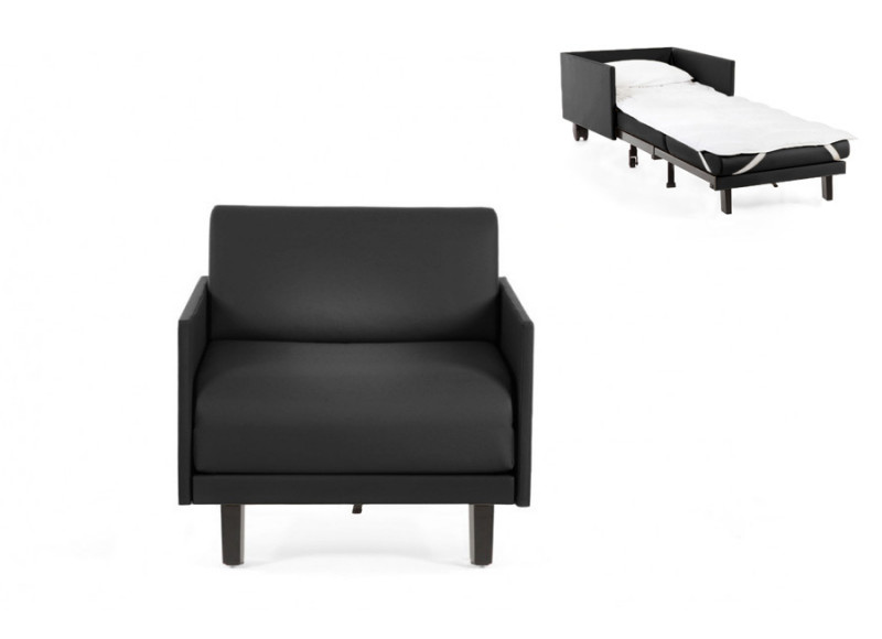 Fauteuil convertible lit Likoolis 1 Place ROLLER 70 MEDIUM avec accoudoirs fins cuir artificiel noir