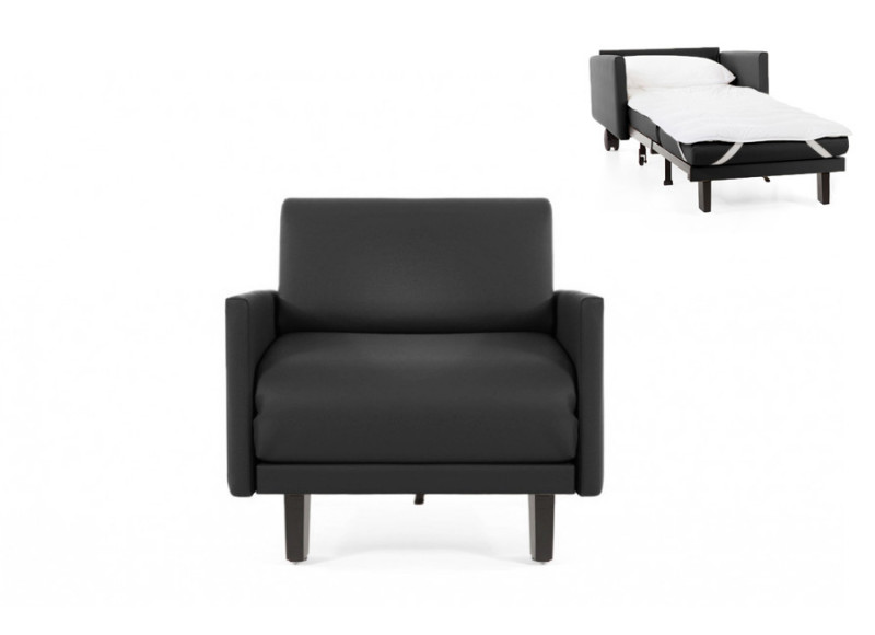 Fauteuil convertible lit Likoolis  1 Place ROLLER 80 LARGE avec accoudoirs larges cuir artificiel noir