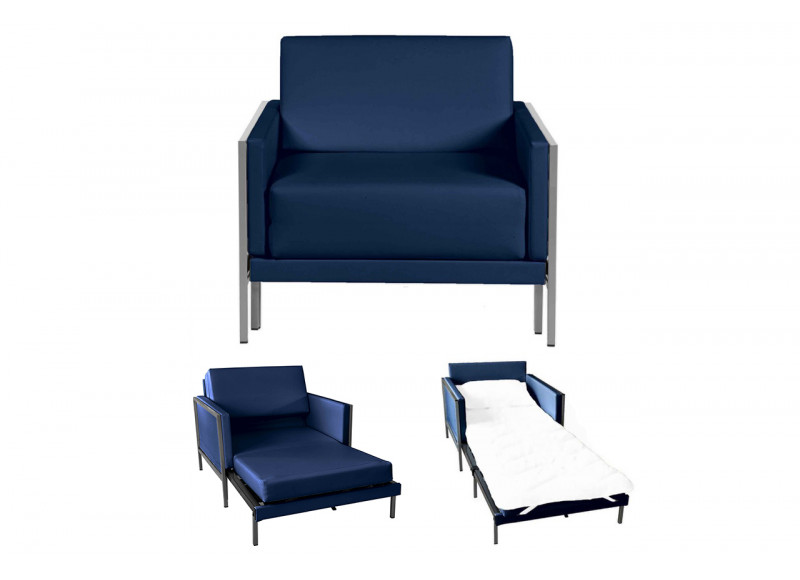 Fauteuil convertible lit 1 Place Carré 80 cm LARGE avec accoudoirs cuir artificiel bleu marine